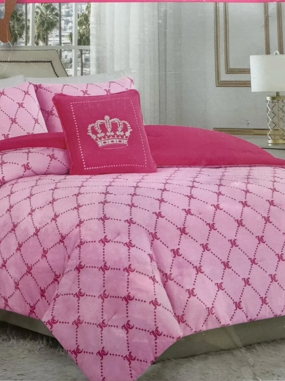 Juicy Couture Pink Crown Diamond Comforter 4 pc Bed Set Full Queen